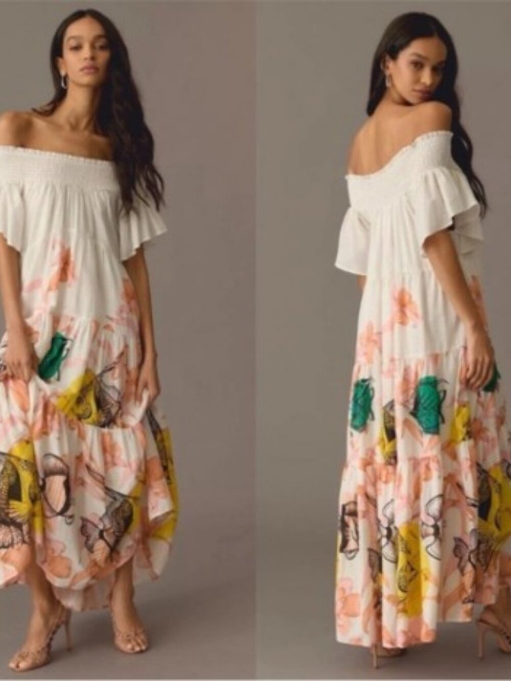 Maeve Pia Binazzi Maxi Dress Pink Vibrant Fish Print Off The Shoulder Tiered S - Picture 4 of 12